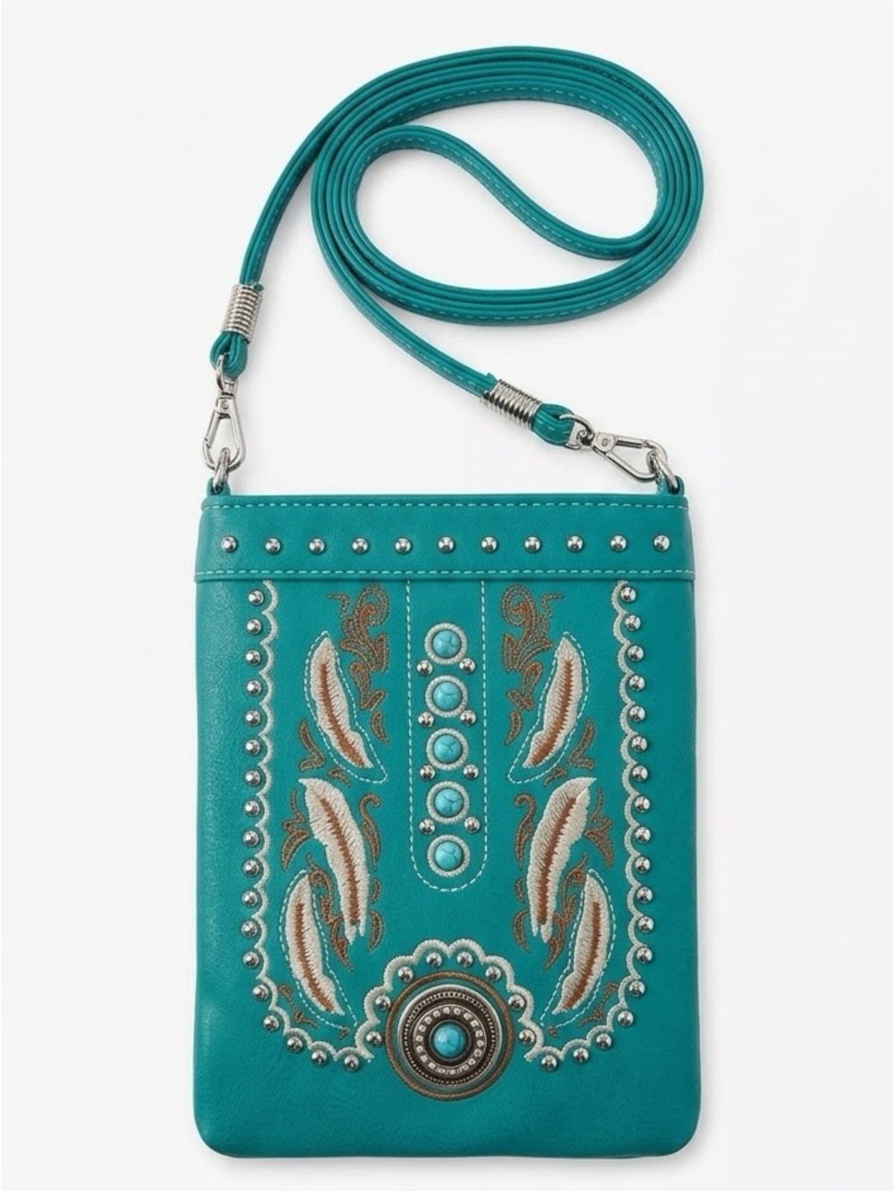 Teal Western Boho Embroidered Studded Crossbody Phone Bag Purse
